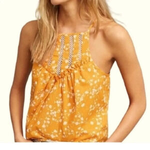 MAEVE ANTHROPOLOGIE Women Halter Top XS‎ Yellow Floral Boho Casual Preppy Cotton